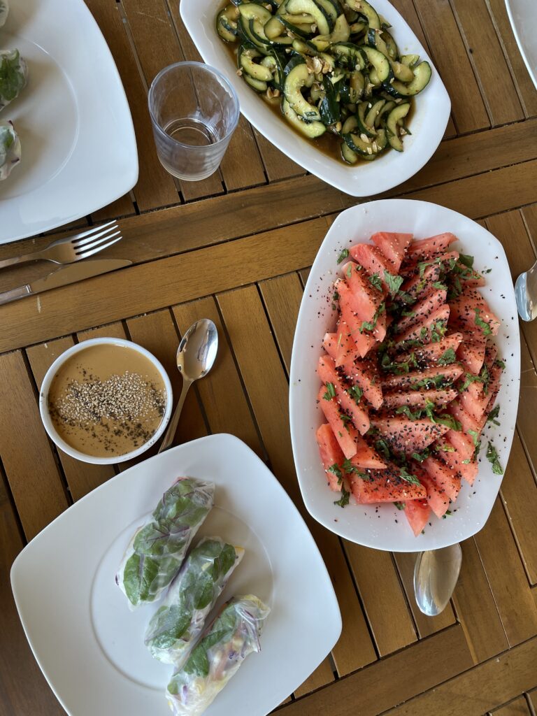 Spring rolls and watermelon salad